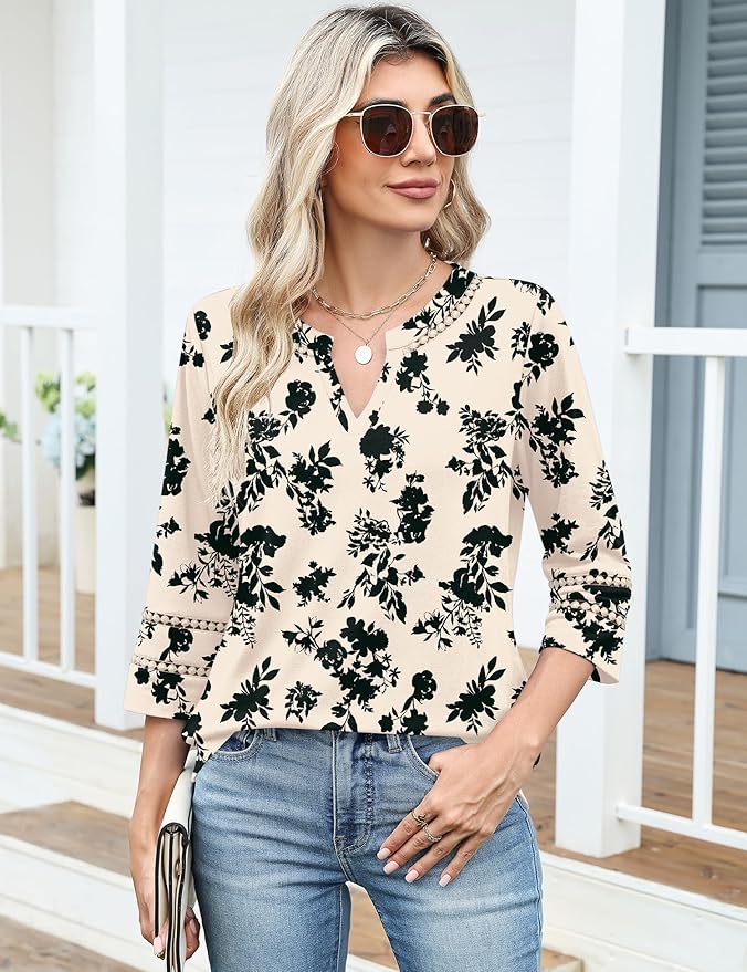 Ivicoer 3/4 Length Sleeve Womens Tops V Neck Lace Embroidered Summer Blouses Loose Fit Tunic Dressy Casual