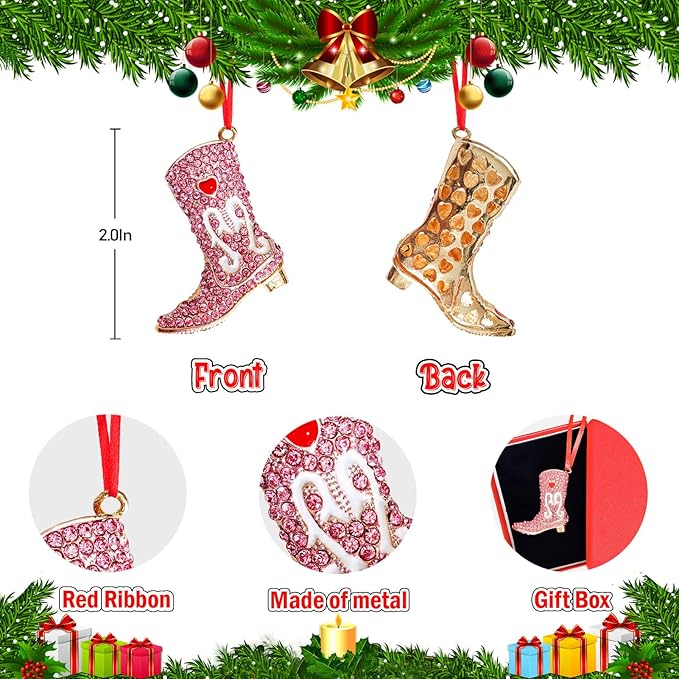 Ushinemi Cowgirl Christmas Ornaments Pink Shoe Ornament for Tree Decor, Sparkles Hanging Boot Keepsake Gifts for Mom Grandma Women Girls Sisters