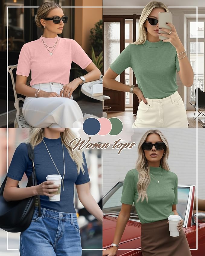 Ficerd 3 Pack Women's 1/2 Sleeve Mock Turtleneck Shirts, Elbow Length Shirt Half Sleeve Tunic Top Casual Summer Basic Tees