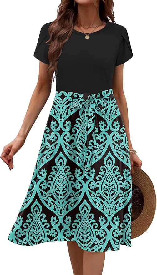 Zeagoo Womens Midi Dress Summer Short Sleeve Dress with Pockets 2025 Casual Floral T-Shirt Dress Flowy Beach Sundress