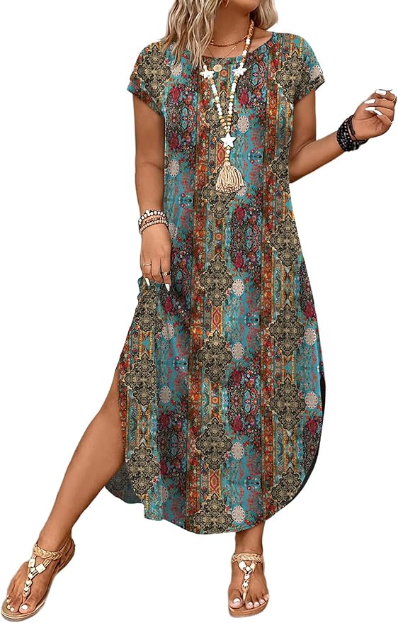 WIHOLL Summer Dresses Cap Sleeve Crewneck Maxi Long Casual Dress with Pockets Beach Vacation Sundresses 2026 Trendy