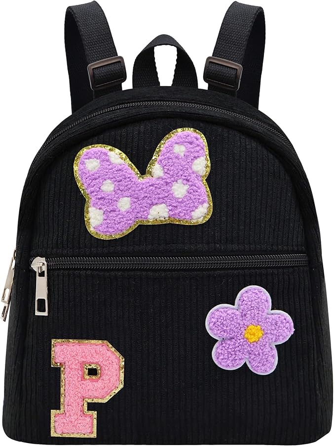 2 3 4 5 6 Year Old Girl Gifts Chenille Initial Mouse Bow Mini Backpack, Corduroy Toddler Backpacks Christmas Birthday Gifts for Girls 2-4 5-6, Black Mini Diaper Bag Must Haves for Park Travel Letter P