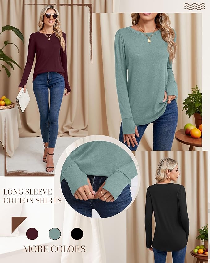 Huukeay 3 Pack Women's Long Sleeve Shirts with Thumb Holes, Cotton Casual Crew Neck Tunic Tops Fall Loose Y2k Trendy Outfits