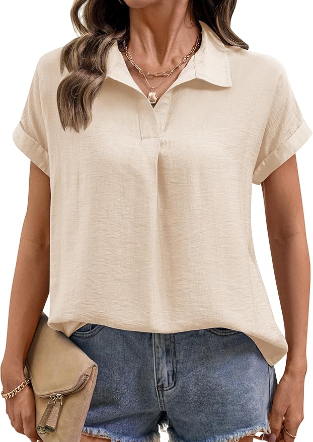 LOMON Women Blouses Spring Summer Tops for Women 2026 Short Sleeve V Neck Dressy Casual Collared Shirts Work Office