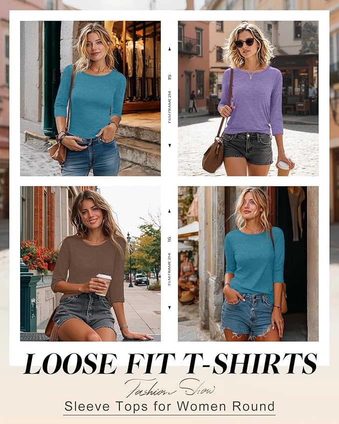 Ficerd 3 Pack 3/4 Sleeve Tops for Women Round Neck Dressy Basics Tees Casual Trendy Loose Fit T Shirts