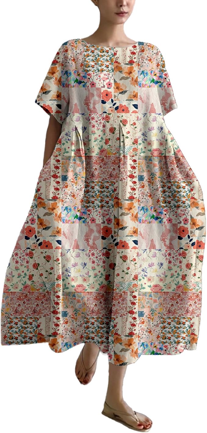 MARSVOVO Patchwork Flowy Dresses for Women Plus Size Loose Casual Tunic Dress Elegant Crewneck Maxi Dresses with Pockets