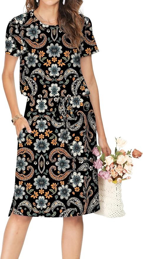 Simier Fariry Womens Spring Hide Belly Knee Length Travel Dress Pocket Summer Short Sleeve Midi Work Casual Outfits