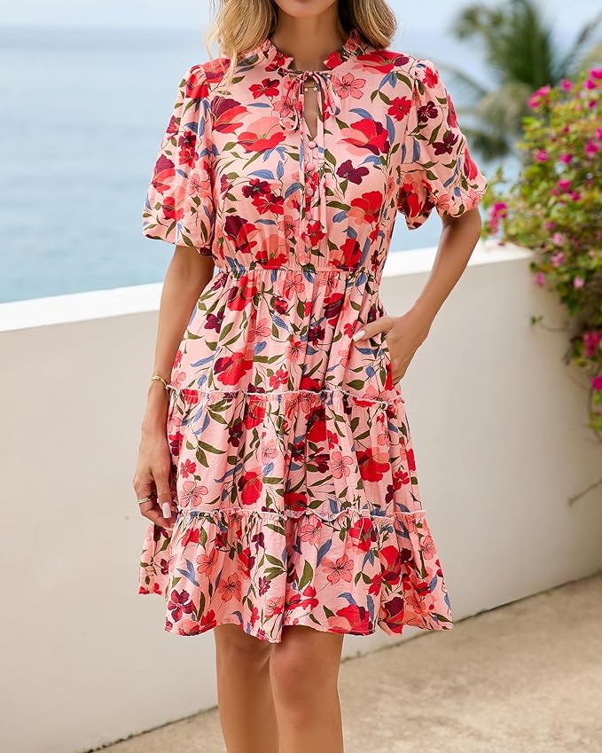 BTFBM Women Summer Floral Short Dresses V Neck Short Sleeve Tiered Ruffle Boho Swing Dress A-Line Mini Dresses