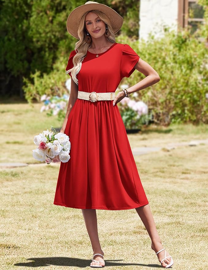 HOTOUCH Women's Summer A-Line Midi Dresses 2026 Casual Floral Short Sleeve T-Shirt Dress Flowy Beach Sundress with Pockets