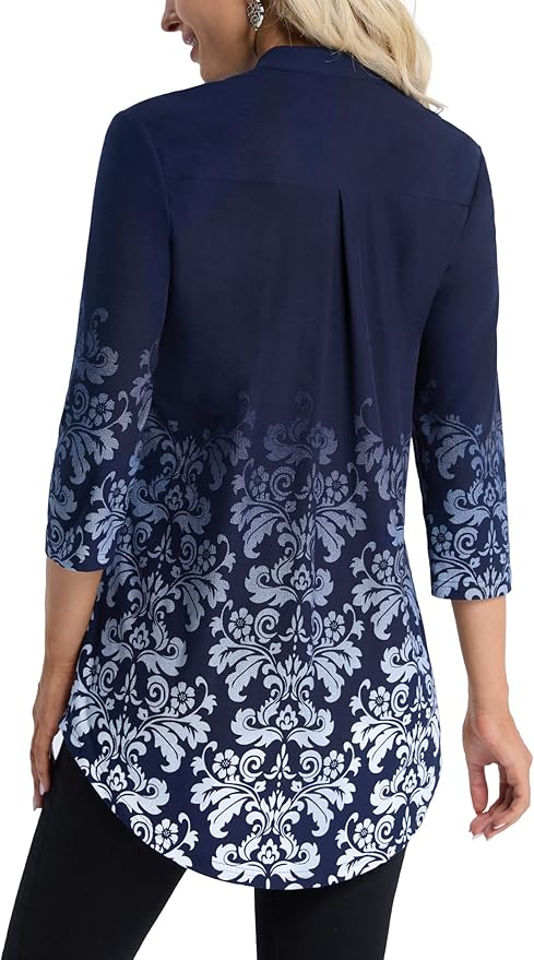 BAISHENGGT 3/4 Sleeve Tops for Women Notch V Neck Floral Work Blouses Dressy Casual Loose Fit Going Out Tunic Tops