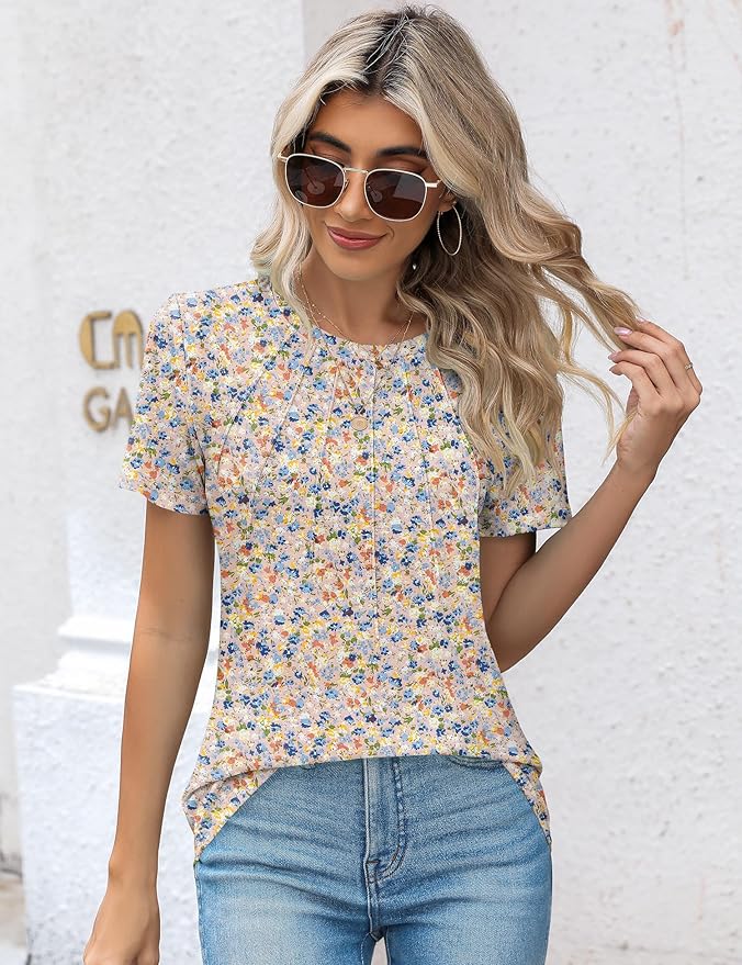 Kistore Womens Casual Crew Neck Short Sleeve Pleated Tops Blouses Fashion Clothes 2026