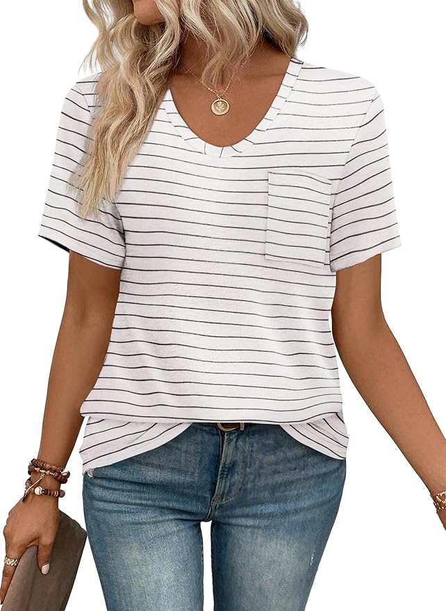 WIHOLL Women Summer T Shirts Short Sleeve Rounded V Neck Pocket Tee Tops