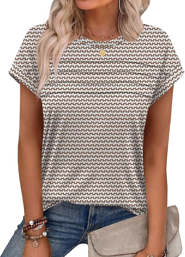 WEESO Womens Summer Tops Trendy 2026 Cap Sleeve T Shirts Crew Neck Pleated Front Beach Vacation Clothes Fashion