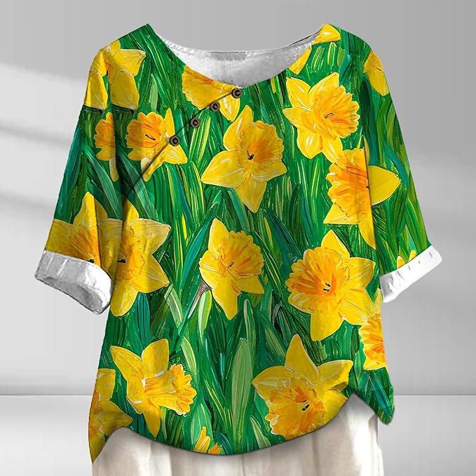 Women's Shirts Dressy Casual Asymmetric Side Button Down Design Tops Summer Loose Fit Crewneck Graphic Tees