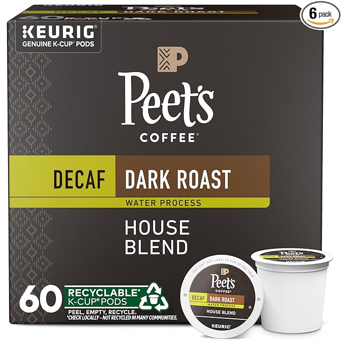 Peet's Coffee, Dark Roast Decaf Keurig K-Cup Pods - Decaf House Blend 60 Count (6 Boxes of 10 K-Cup Pods)