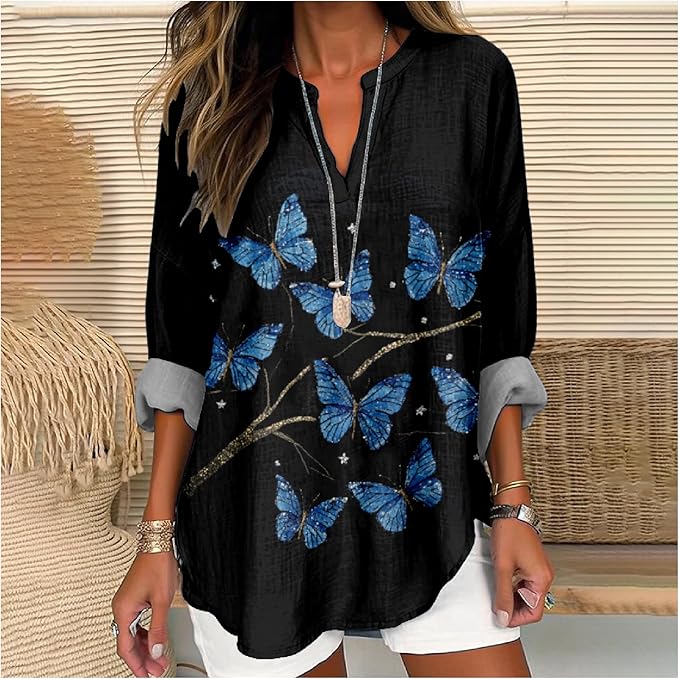 MARSVOVO V Neck Shirt For Women Boho Multi Style Blouse Long Sleeve Novelty Graphic Plus Size Pullover Tops For Women