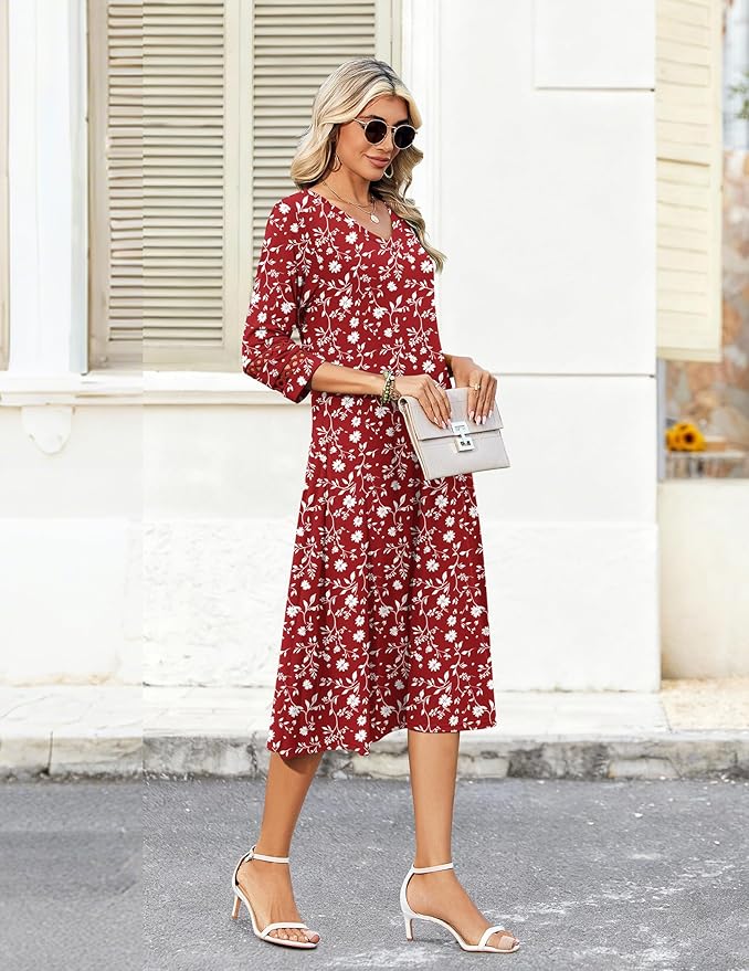 Zeagoo Women's Dresses 3/4 Sleeve Summer Casual V-Neck A Line Flowy Eyelet Midi Dress for Women Beach Vacation Sundress