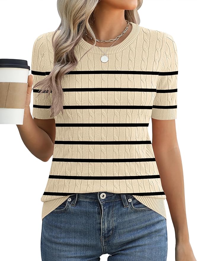Micoson Womens Short Sleeve Cable Knit Sweater Tops Crewneck Lightweight Spring Summer Shirts Business Dressy Casual Outfits