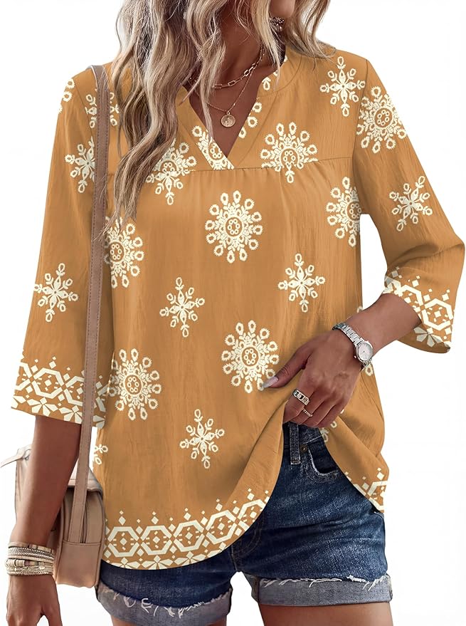 Rapbin Womens 3/4 Sleeve V Neck Floral Print Pleated Blouses for Women Dressy Casual Loose Fit Tops