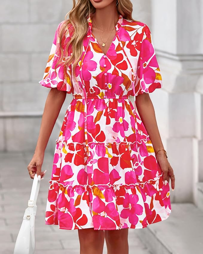 BTFBM Women Summer Floral Short Dresses V Neck Short Sleeve Tiered Ruffle Boho Swing Dress A-Line Mini Dresses