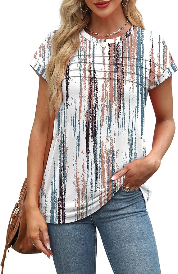 WEESO Womens Summer Tops Trendy 2026 Cap Sleeve T Shirts Crew Neck Pleated Front Beach Vacation Clothes Fashion