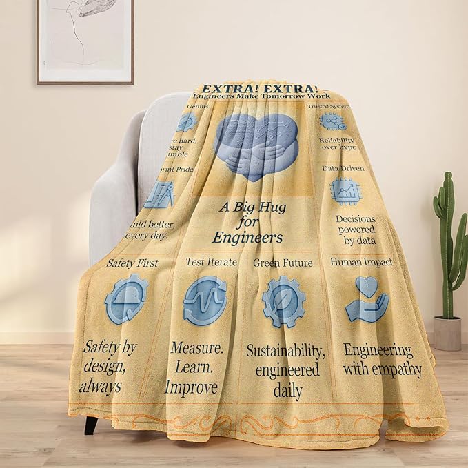 Engineer Appreciation Blanket 60x50, Soft Flannel Throw, Retro Newspaper Blueprint and Circuit Heart Design, Cozy STEM Gift for Graduation, Office or Dorm Decor, Geek Present for Men and Women