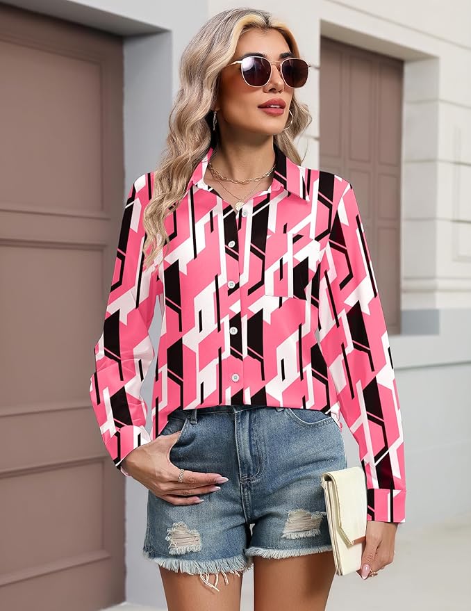 HOTOUCH Button Down Shirts for Women Long Sleeve Blouse Dressy Casual Business Work Tops with Pocket