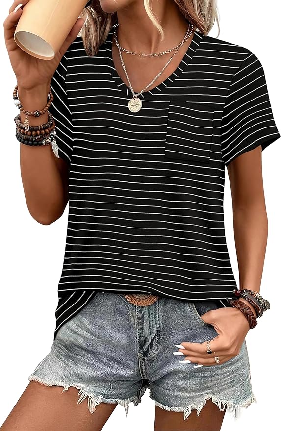 WIHOLL Women Summer T Shirts Short Sleeve Rounded V Neck Pocket Tee Tops