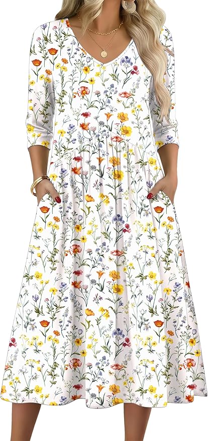 ZEAGOO 3/4 Sleeve Women's Dress Casual Flowy A-Line Midi Tshirt Dresses with Pocket Empire Waist Summer Boho Beach Sundress