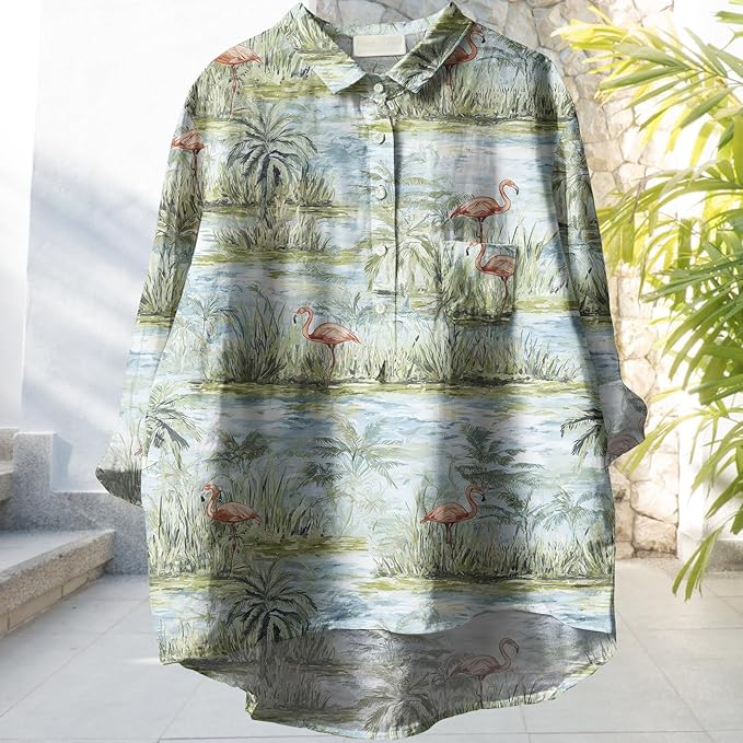 Womens Boho Tops 3/4 Long Sleeve Floral Blouses Hawaii Beach Button Down Shirts V Neck Pullover Casual Tunics