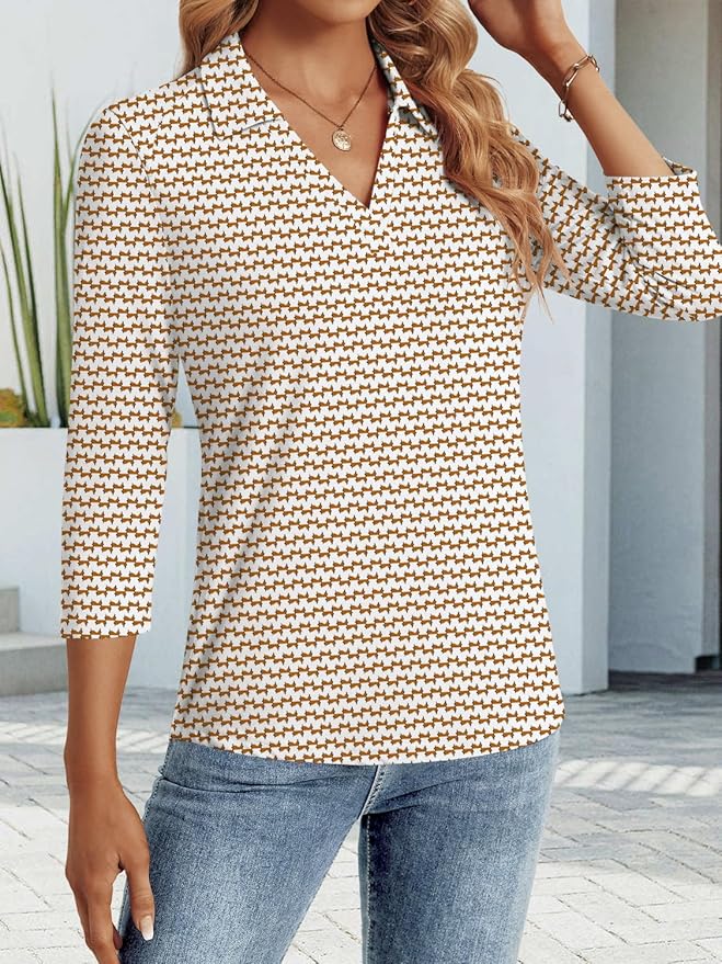 3/4 Length Sleeve Womens Tops Dressy Casual V Neck Polo Shirts Business Work Blouses 2025 Trendy Tunic Top