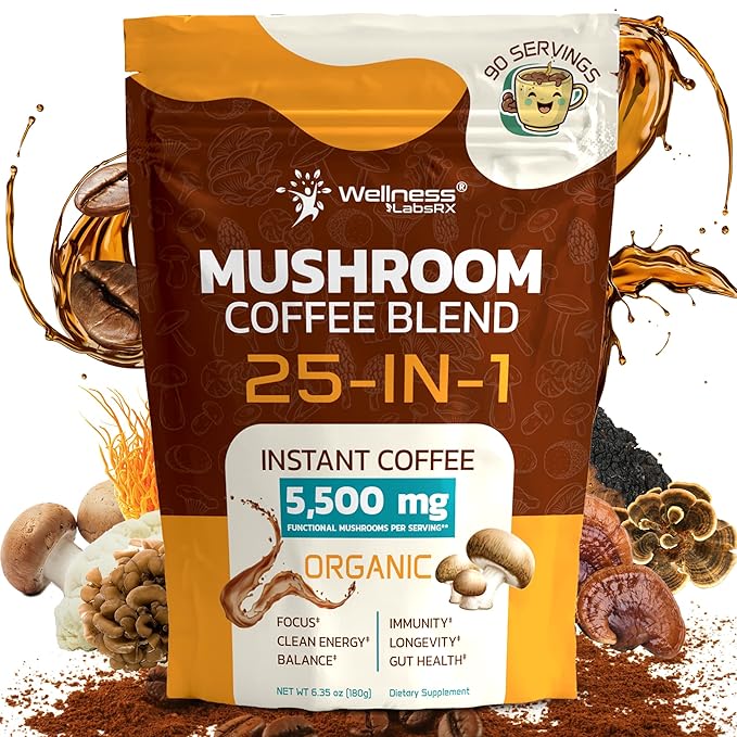 Mushroom Coffee Organic Instant Coffee, 25-in-1, Third-Party Tested Keto Friendly Lions Mane Supplement with Functional Mushrooms – Shiitake, Reishi, Lion’s Mane & More | Smooth, Rich Flavor - 90 Servings