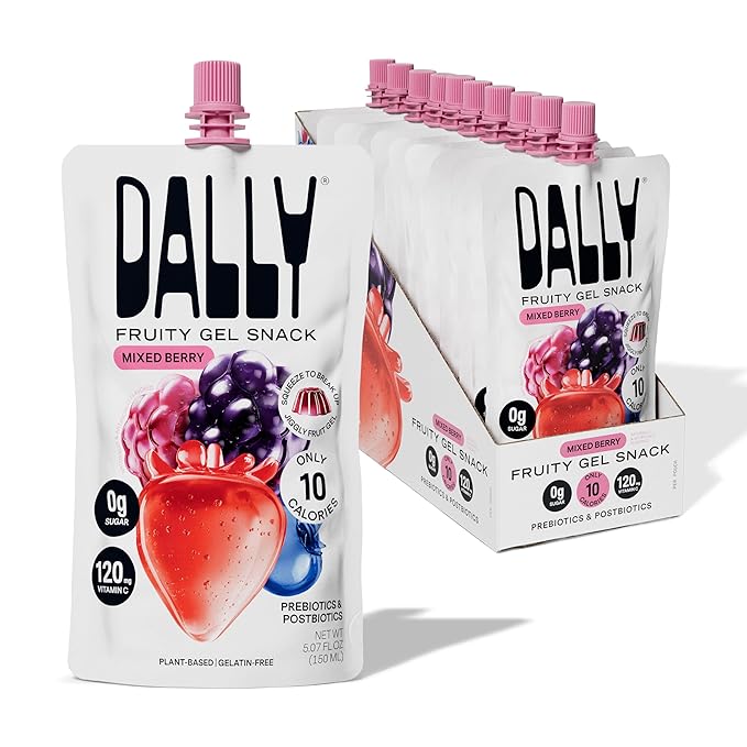 DALLY Mixed Berry Konjac Jelly Pouch (10 Pack) - Plant Based, Zero Sugar, Low-Calorie Jellified Fruit Snack - Vitamin C & Prebiotic Postbiotic Blend - Konjac Jelly Snack for Skin & Weight Management