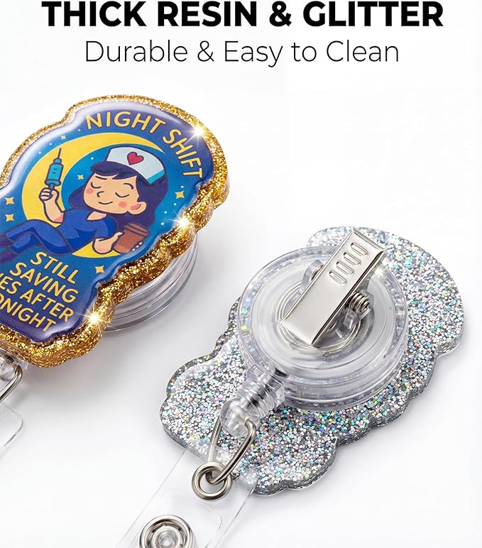Night Shift Nurse Badge Reel Retractable 2 Pack - Funny Glitter Sleep? ID Name Tag Holder for NOC RN LPN - Cute Labor and Delivery Nurse Accessories - Midwife & ER Nursing Gifts for Work