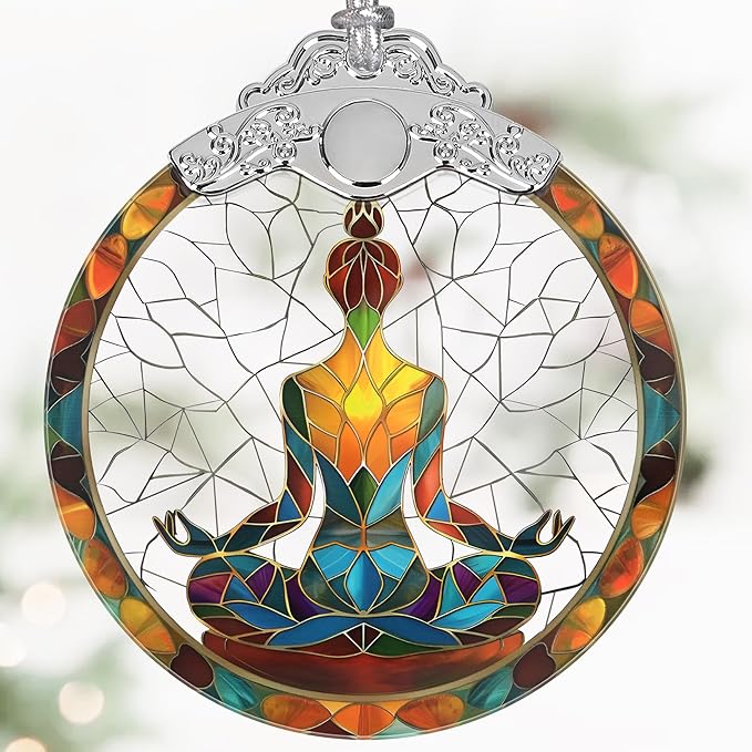 Yoga Symbol Christmas Ornaments, 3" Stained Glass Christmas Decor, Christmas Tree Ornaments, Gifts for Friends, Unique Gift Idea, Perfect for Holiday Party, Tree, Window, Home Decor