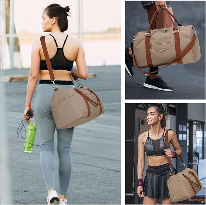 FIORETTO Womens Gym Tote Duffle Weekender Bag with Wet Pocket & Shoe Compartment, Ideal for Travel, Swimming, Dance, Khaki