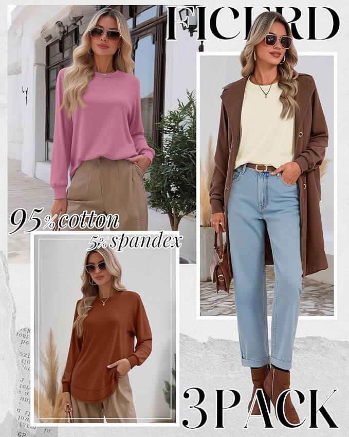 Ficerd 3 Pack Women's Long Sleeve Shirts, Cotton Crew Neck Tunic Tops Casual Loose Fit Pullover Sweatshirts Curved Hem Shirts