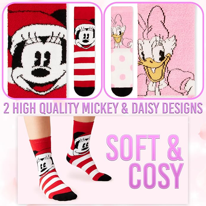 Disney Slippers Socks for Women & Teens US Size 4-9, Pack of 2 Non Slip Fleece Winter Socks, Soft & Fluffy, Gifts for Her