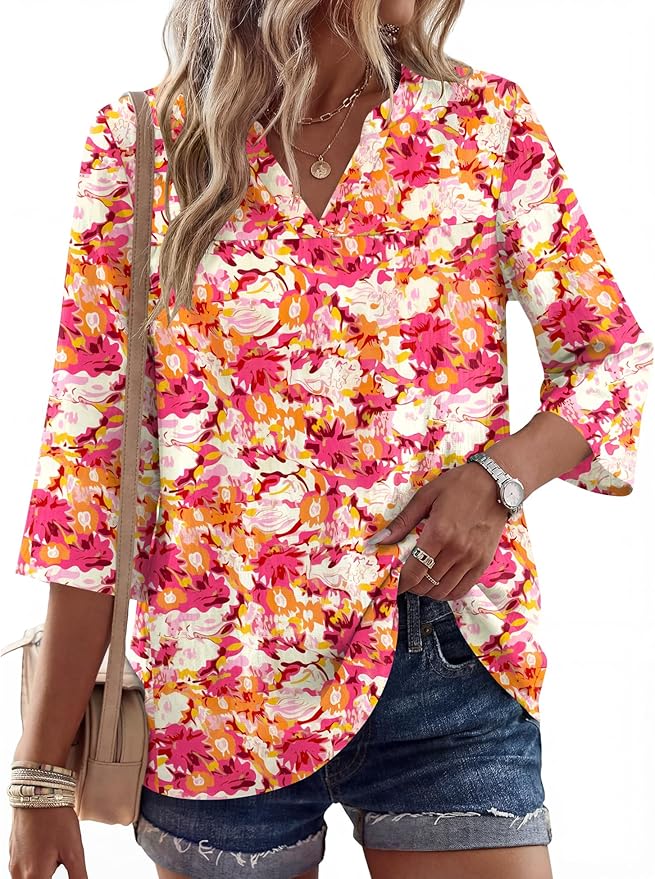 Rapbin Womens 3/4 Sleeve V Neck Floral Print Pleated Blouses for Women Dressy Casual Loose Fit Tops