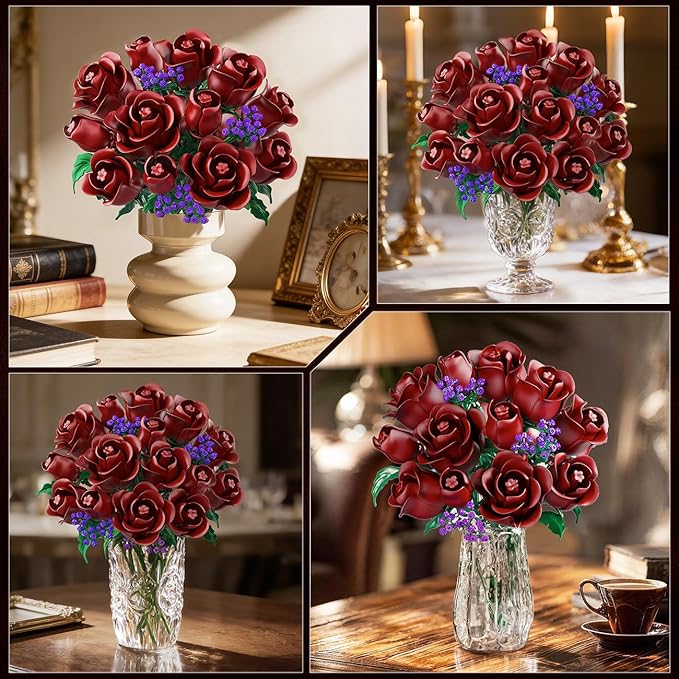 HOGOKIDS Flowers Bouquet Building Set - 15 Burgundy Roses Valentine's Day Gfit for Her, 330PCS Deep Red Rose Botanical Collection Building Blocks Artificial Flower Home Office Decor for Adults Kids 8+