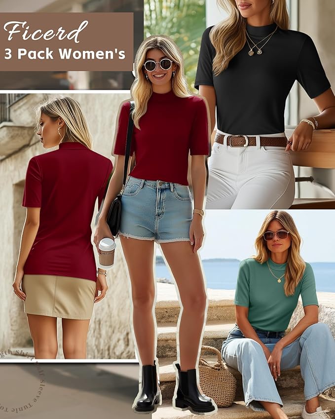 Ficerd 3 Pack Women's 1/2 Sleeve Mock Turtleneck Shirts, Elbow Length Shirt Half Sleeve Tunic Top Casual Summer Basic Tees