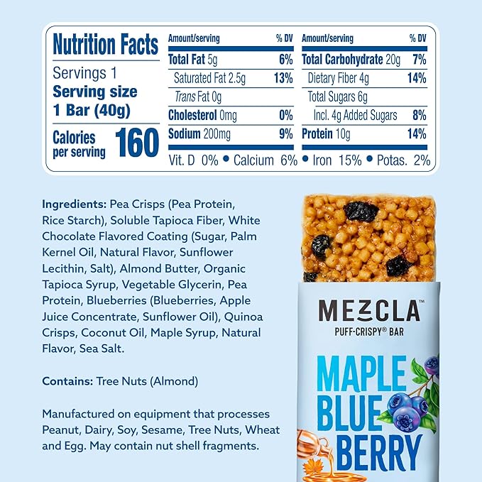 Mezcla Puff Crispy Protein Bars, Gluten Free & Vegan Protein Bars, 10g Protein, Alt for Crispy Rice Treat, Granola Bars & Breakfast Bars, Healthy Snacks for Adults, Maple Blueberry, 12 Pack