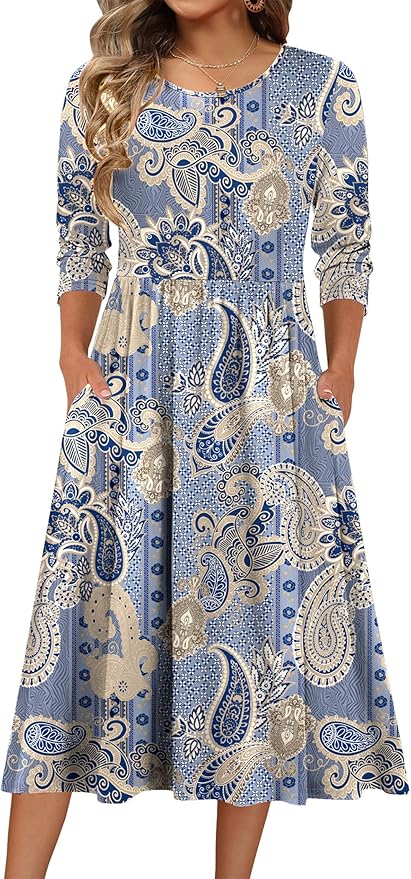 Zeagoo 3/4 Sleeve Women's Dress Casual Flowy A-Line Midi Tshirt Dresses with Pockets Crewneck Vocation Boho Beach Sundress