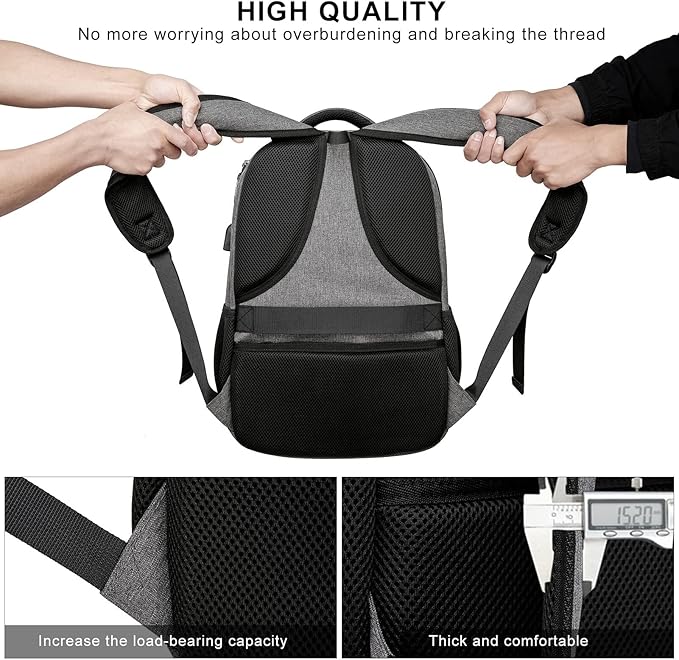 RJEU School Backpack for College Students & Teens - 15.6 Inch Laptop Backpack with USB Charging Port, Ergonomic Shoulder Straps, Water Resistant Travel Bookbag for Men, Women - Grey