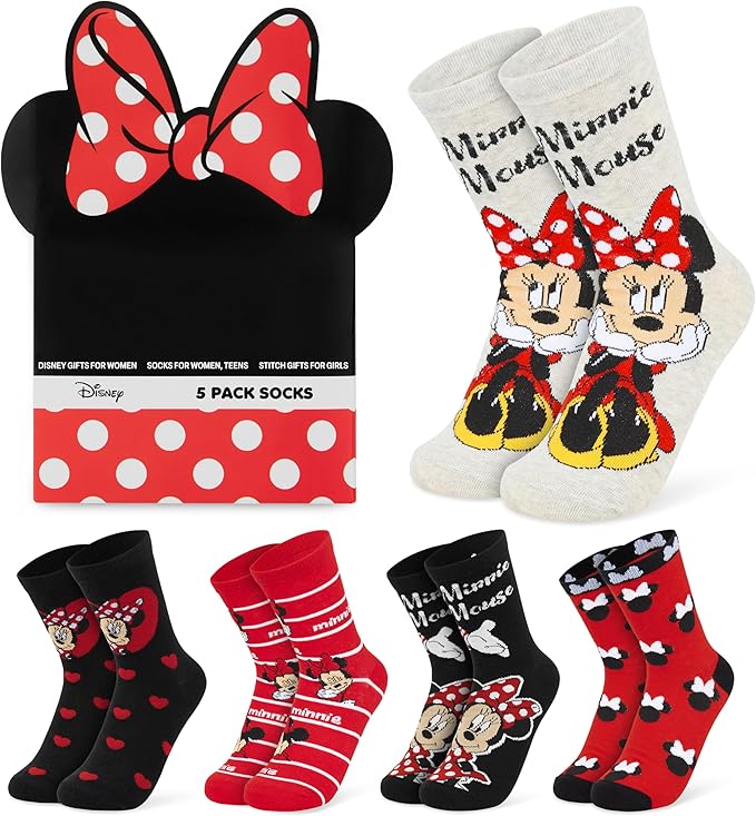Disney Socks for Women, Teens, 5 Pack Soft Breathable Crew Character Socks for Lounging, Daily Wear, Funny Gifts for Women
