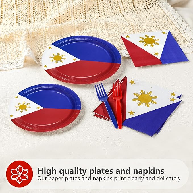 Greencian 96Pcs Philippines Flag Party Supplies Philippine National Flags Plates and Napkins Philippine Independence Day Tableware Set for National Events Patriotic Festival Decorations，Serves 24