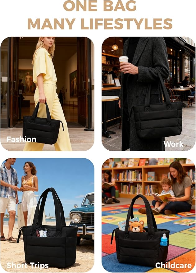 Puffer Tote Bag for Women, Lightweight Laptop Bag with Zipper Quilted Shoulder Bag for Work, Travel, Gym