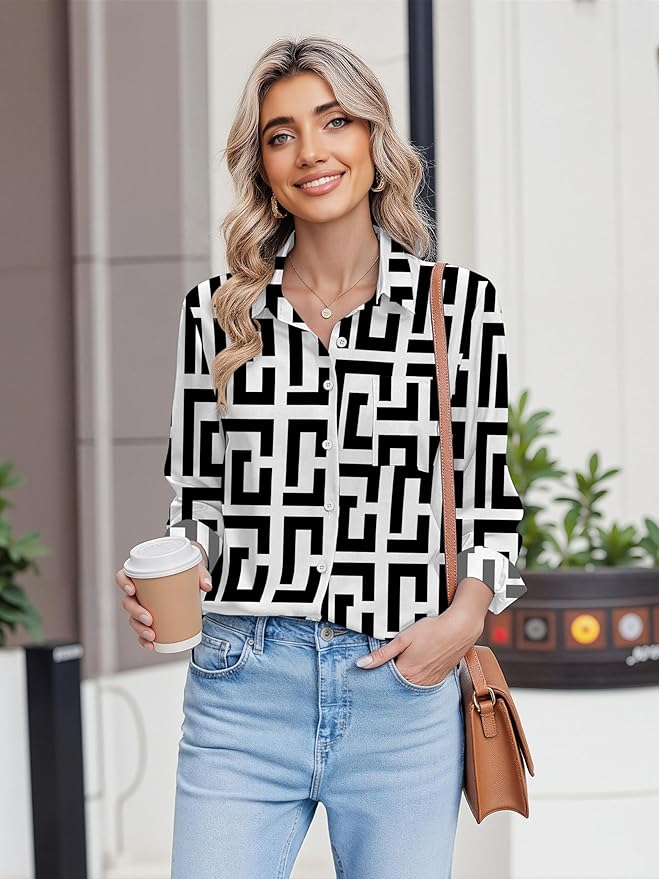 HOTOUCH Button Down Shirts for Women Long Sleeve Blouse Dressy Casual Business Work Tops with Pocket