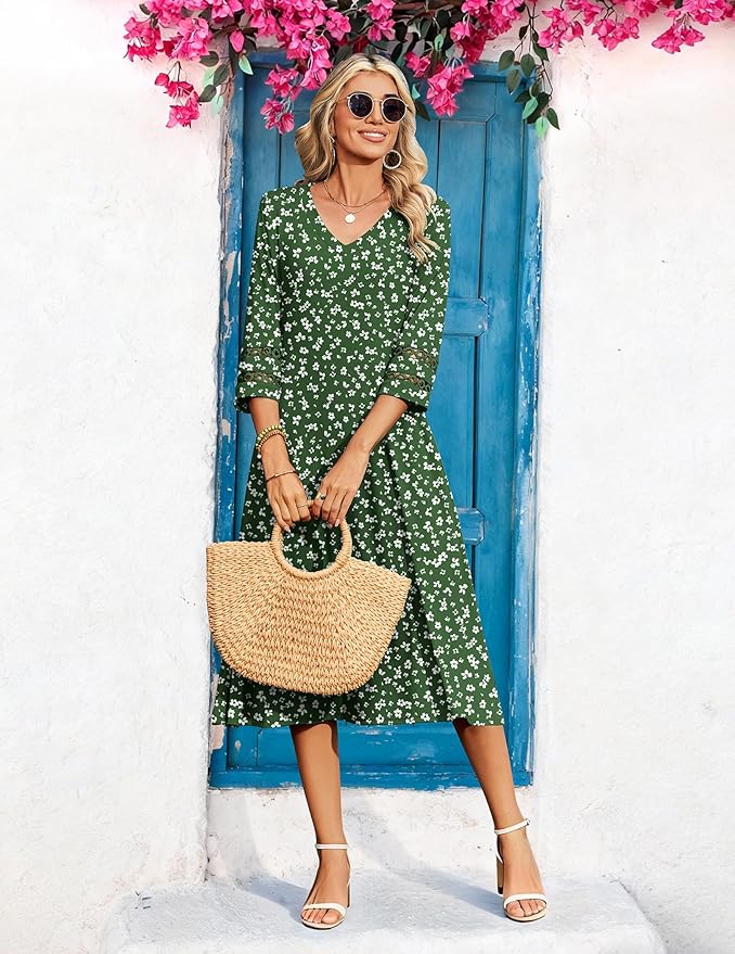 Zeagoo Women's Dresses 3/4 Sleeve Summer Casual V-Neck A Line Flowy Eyelet Midi Dress for Women Beach Vacation Sundress