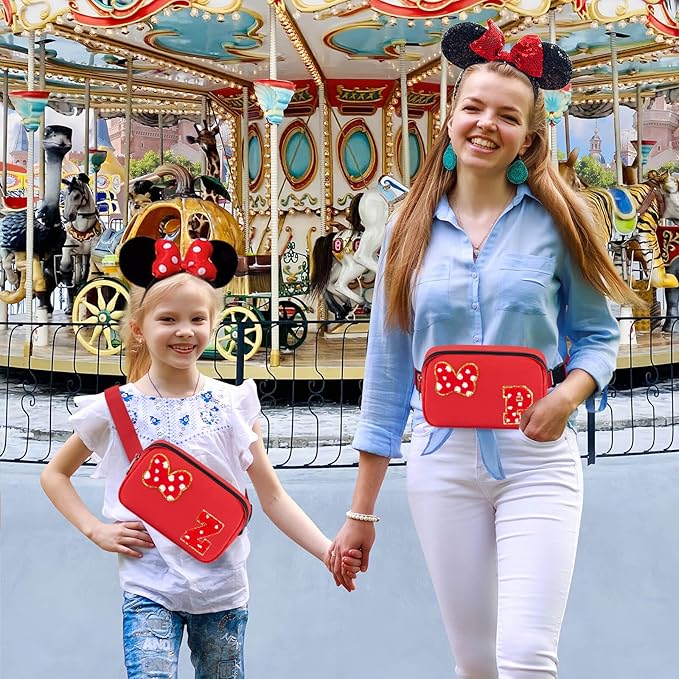 Chenille Initial Letter Bow Mouse Fanny Pack, Waterproof Park Crossbody Bag Christmas Birthday Gifts for Teen Girls Daughter Women Kids Adults, Cute Belt Bag Must Haves for Park Travel (Z, Red)